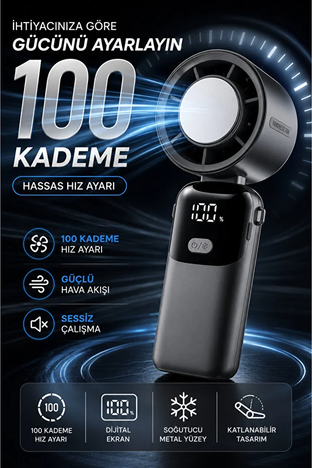 100 Kademeli El Tipi Turbo Fan Soğutucu Metal Yüzeyli Dijital Ekranlı Katlanabilir Taşınabilir Mini Vantilatör